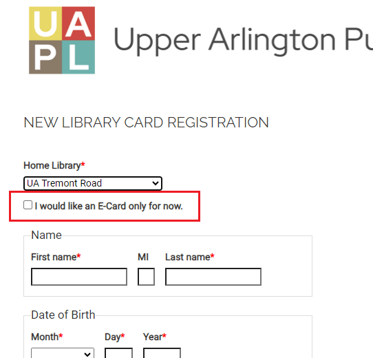 Screenshot of the card registration form, highlighting the option to apply for an E-Card only