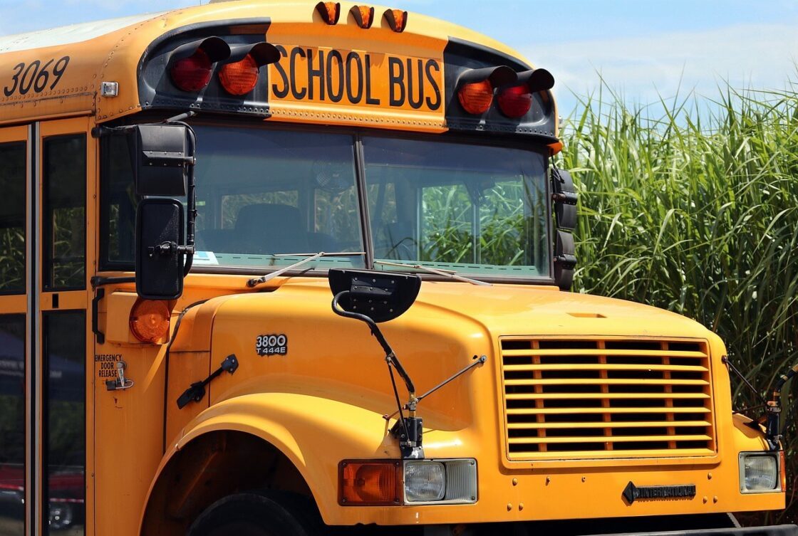 Close-up of a yellow school bus.