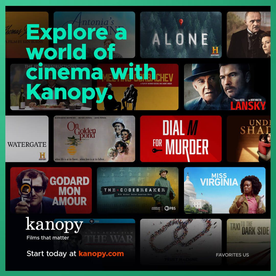 Marketing image for Kanopy streaming service showing a grid of movie thumbnails including 'On Golden Pond', 'Dial M for Murder', and 'Watergate', with text overlay 'Explore a world of cinema with Kanopy' and the tagline 'Films that matter'.
