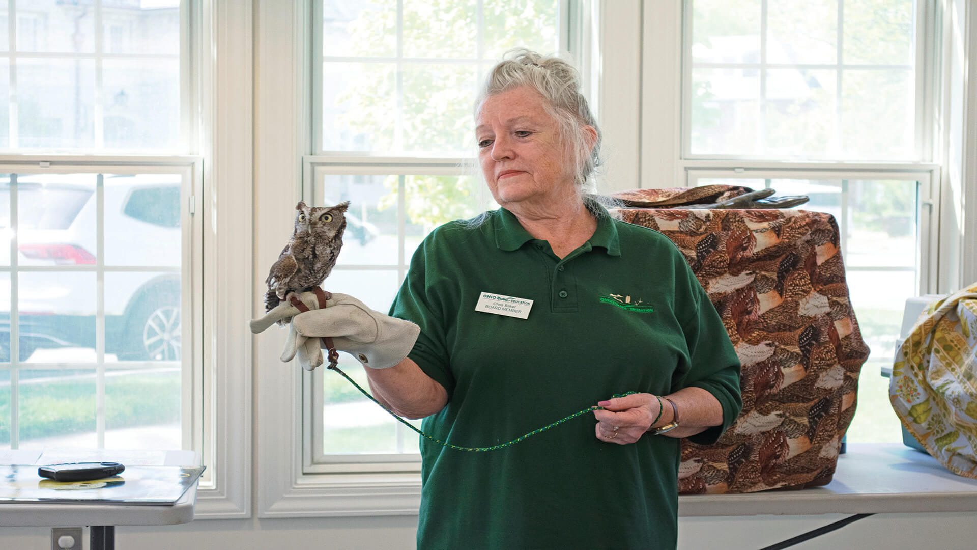 Woman holds owl perched on gloved hand. Wildlife education.