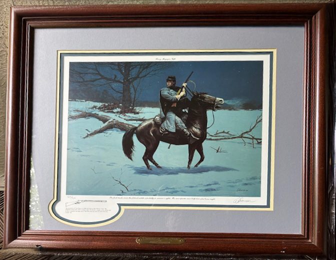 Framed painting depicts a soldier on horseback holding a rifle in the snow.