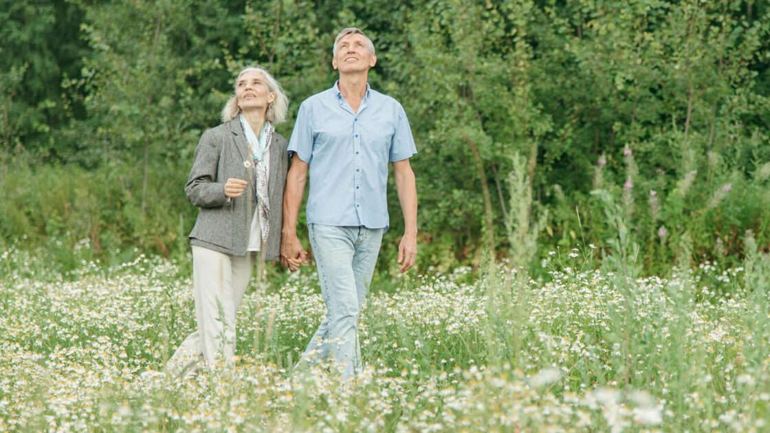 Elderly couple holding hands, walking through a field of flowers, looking up.