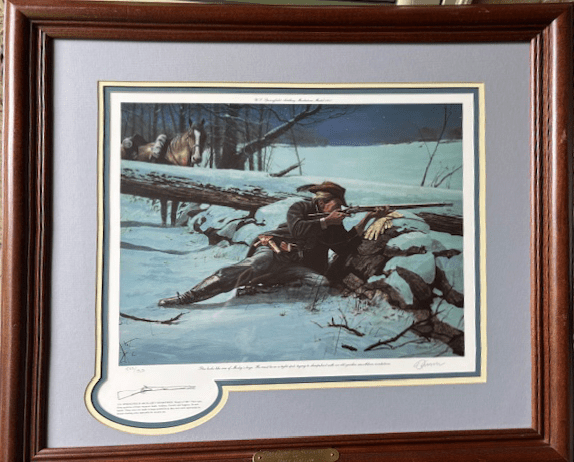 Framed print: Rifleman aims in snowy landscape. Horses behind a fallen tree.