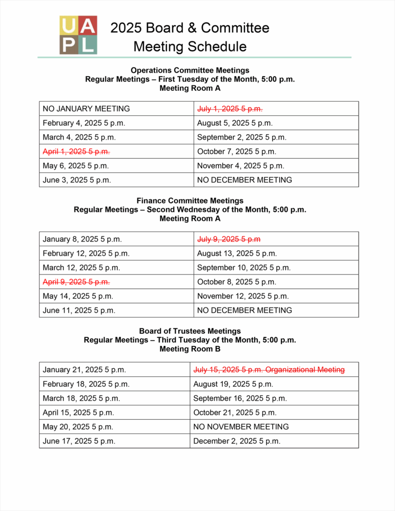 The 2025 Board and Committee meeting schedule as PDF