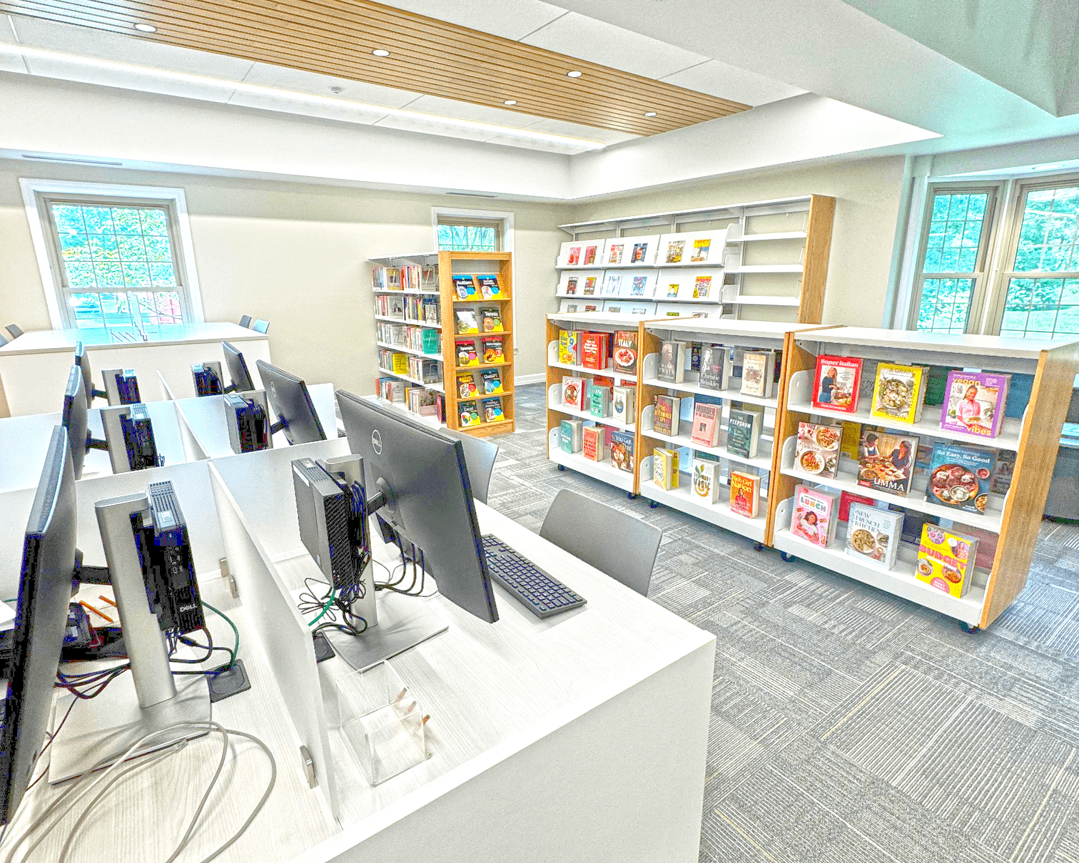 Library interior: computer stations, bookshelves, natural light.