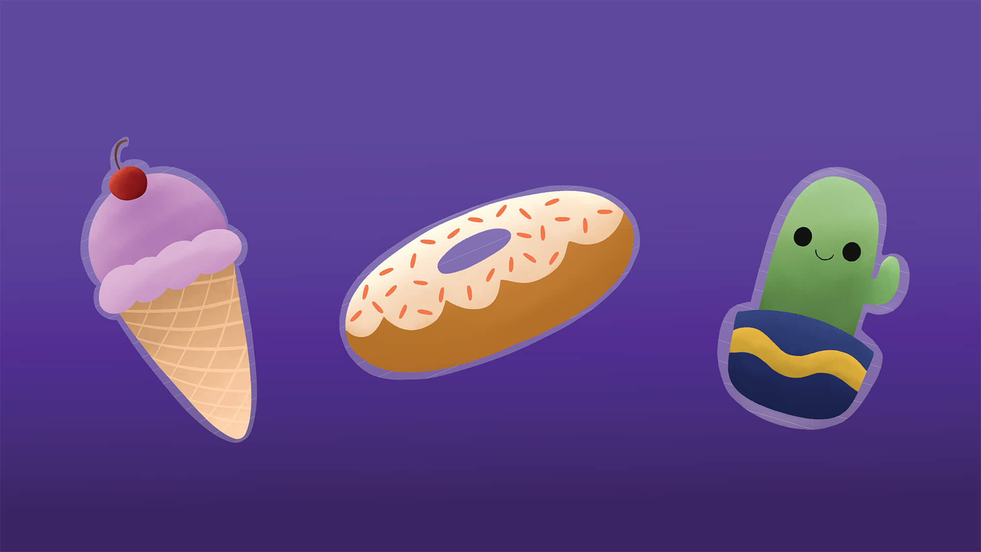 Illustrated ice cream cone, donut, and cactus on purple.