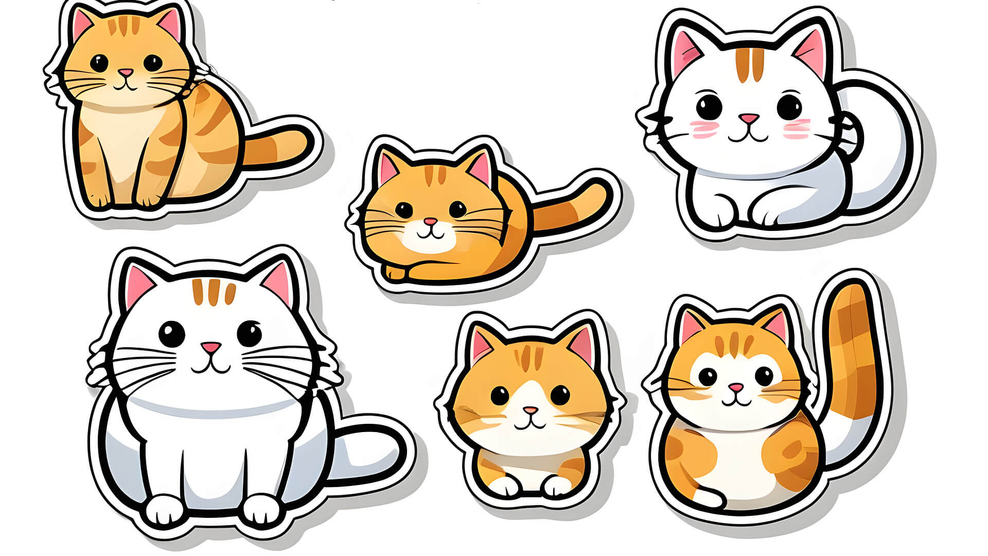 Six cartoon cat stickers with a black outline, some are orange, some are white.