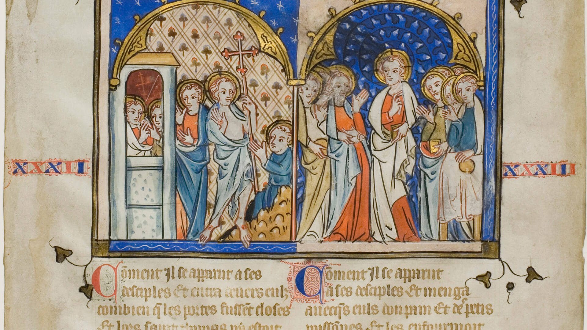 Illuminated manuscript showing biblical scenes, figures, and text.