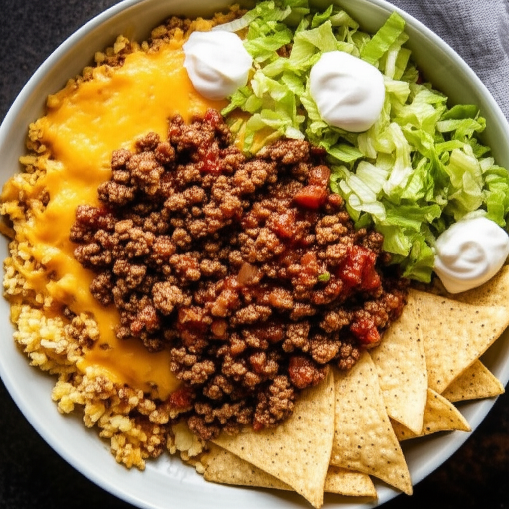 Layered taco dip in bowl: seasoned ground beef, melted cheese, lettuce, sour cream, and tortilla chips.