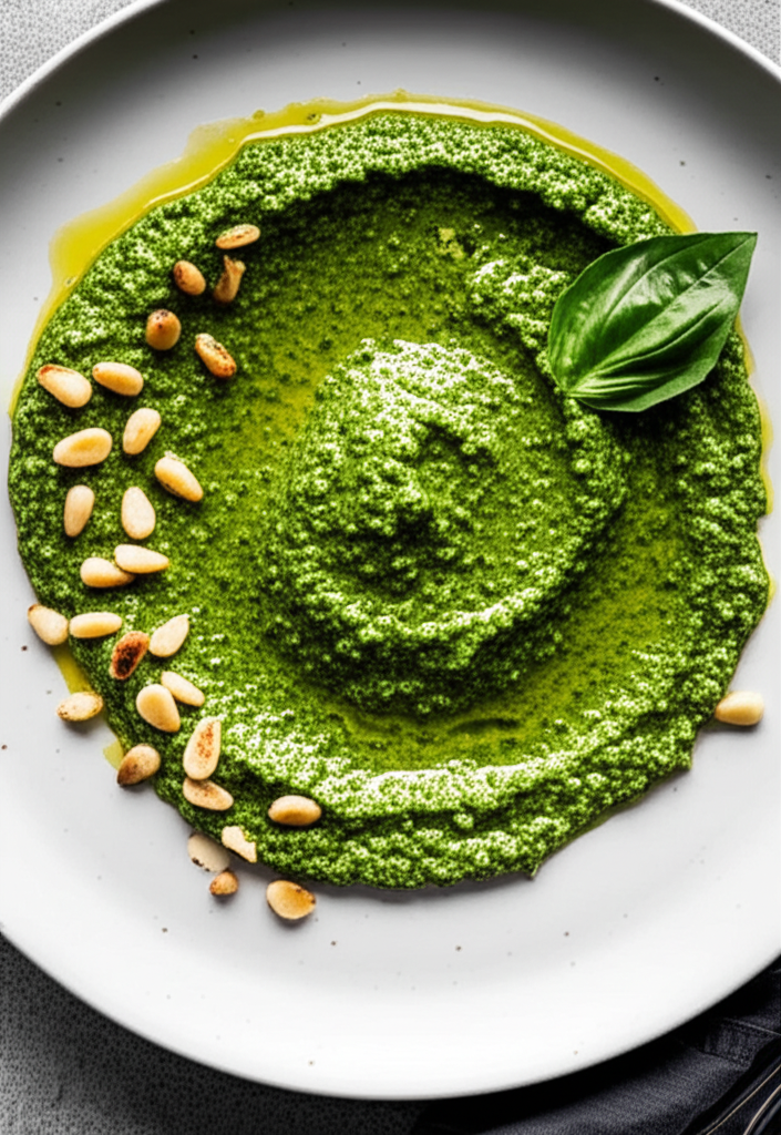 Bright green pesto on a white plate, drizzled with oil, garnished with pine nuts and a basil leaf.