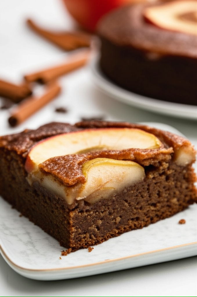Slice of moist molasses cake topped with baked apple slices on a white plate.
