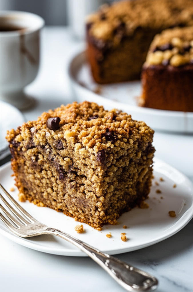 Slice of banana coffee cake with chocolate chip streusel topping on a white plate with a fork.