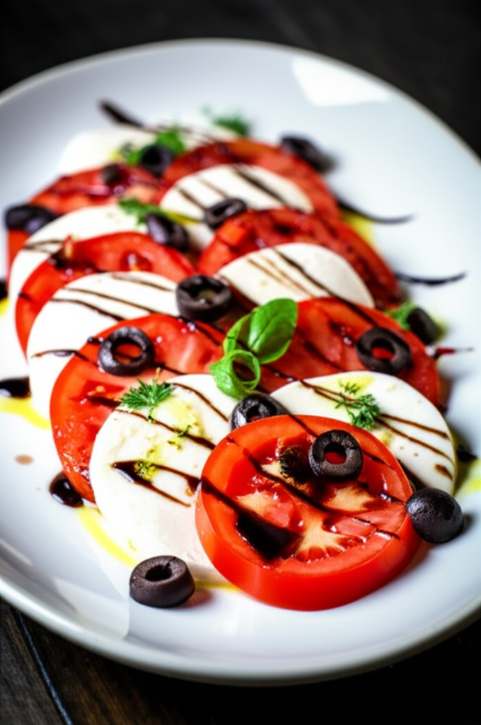 Sliced tomato and mozzarella salad with olives, balsamic glaze, and basil on a white plate.