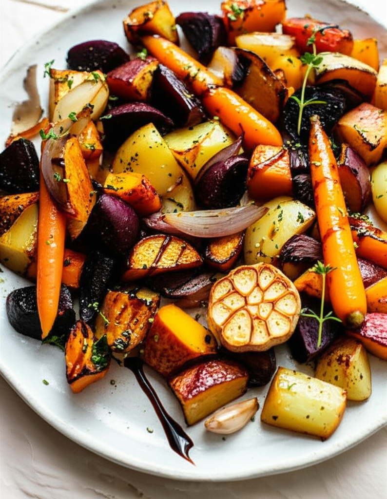 Roasted root vegetables: carrots, beets, potatoes, onions, and garlic on a white plate, drizzled with balsamic glaze.