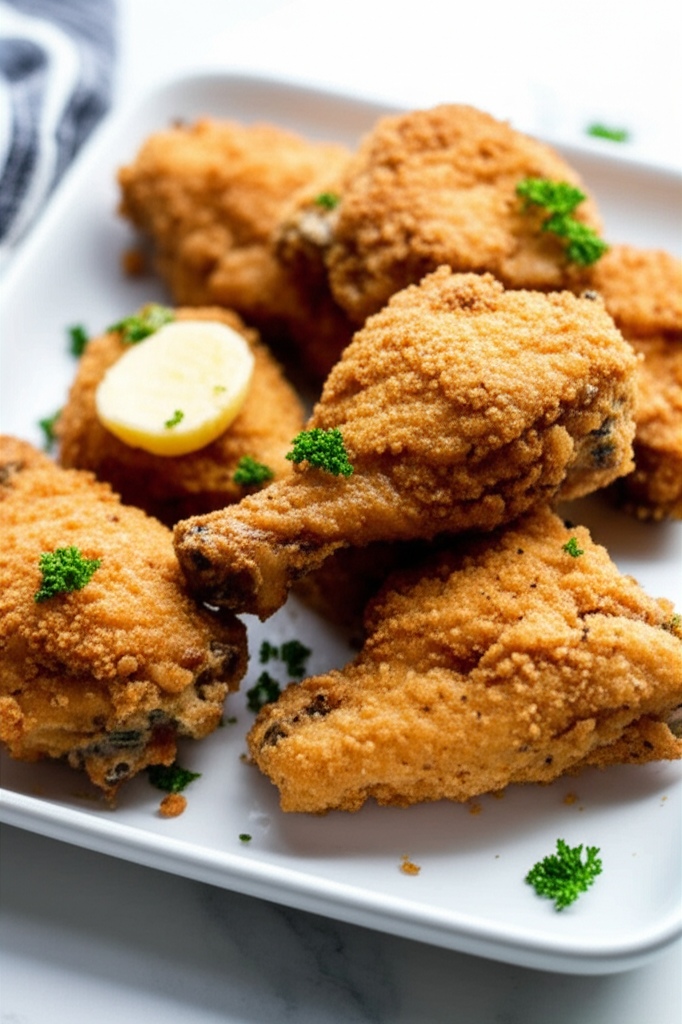 Crispy, golden-brown oven-fried chicken on a white plate, garnished with parsley and a lemon slice.