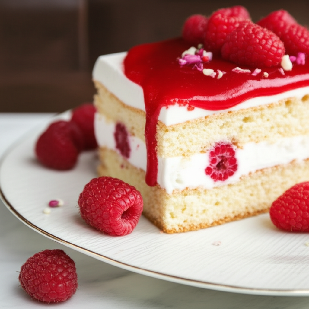 Slice of layered raspberry cake with red glaze, fresh raspberries, and white frosting on a plate.
