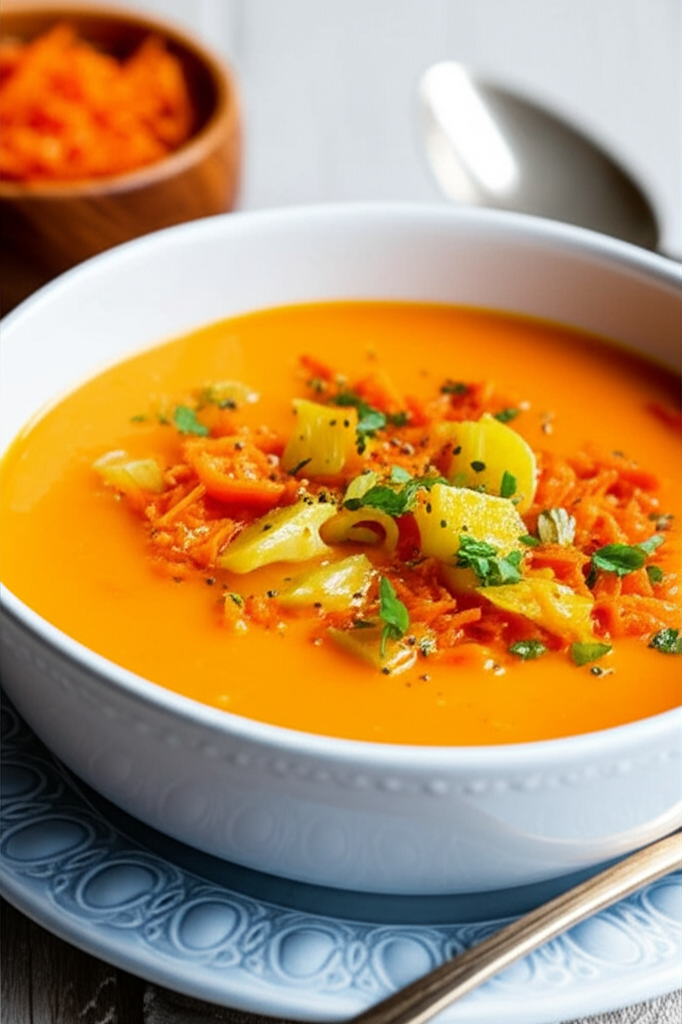 Creamy orange carrot chowder in a white bowl, topped with shredded carrots, diced potatoes, and parsley.
