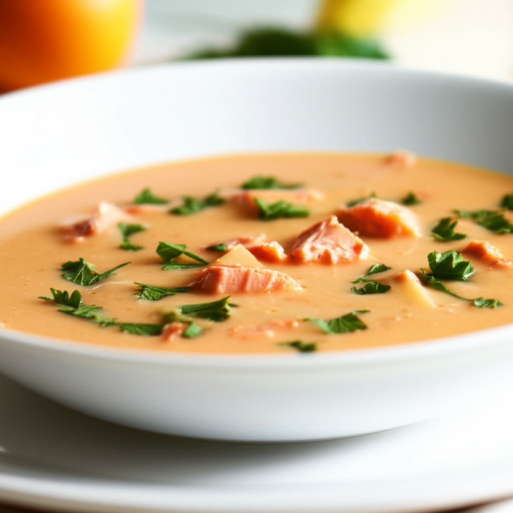 Creamy salmon bisque in a white bowl, garnished with fresh parsley.
