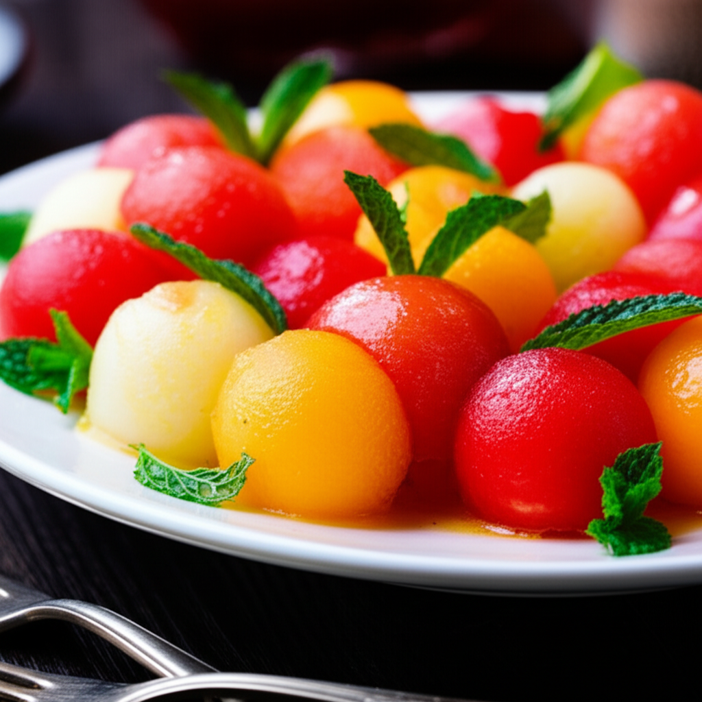 Watermelon and cantaloupe melon balls on a white plate, garnished with fresh mint leaves.