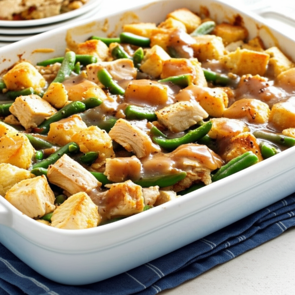 Baked casserole with turkey, stuffing, green beans, and gravy in a white dish.