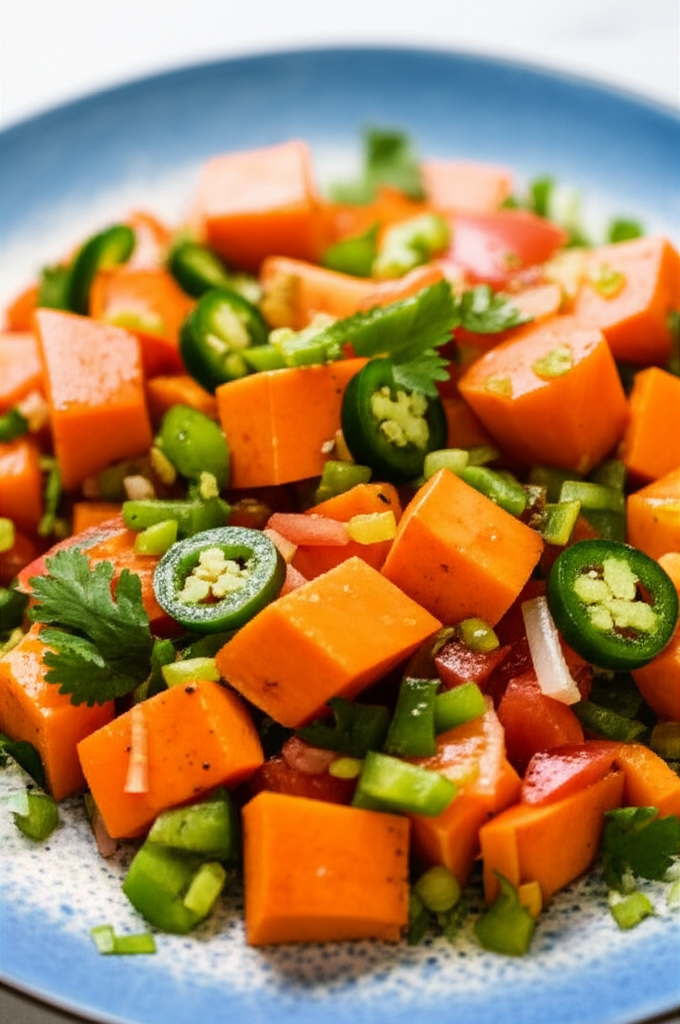 Diced sweet potato salad with jalapeños, tomatoes, and cilantro on a blue-rimmed plate.