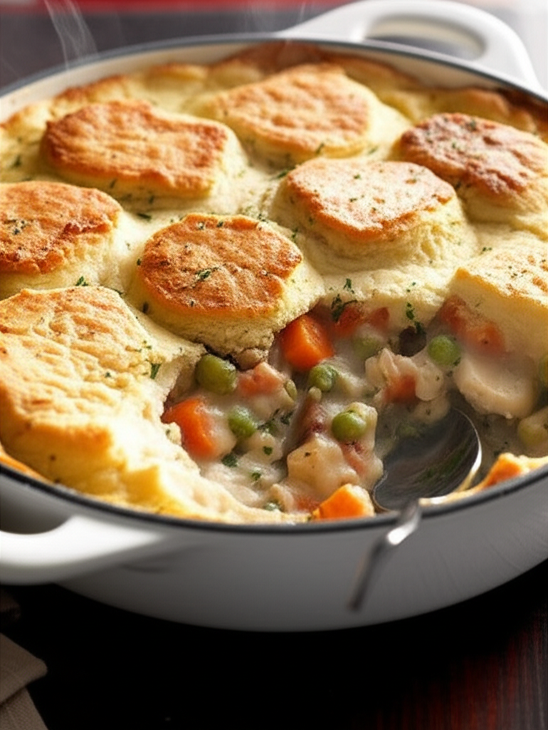 Turkey pot pie in a white dish, topped with golden biscuits, filled with peas, carrots, and gravy.