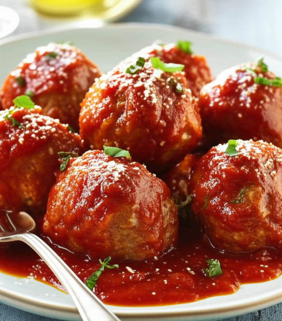 Slow cooker meatballs in red sauce, garnished with parmesan and basil, served on a plate with a fork.