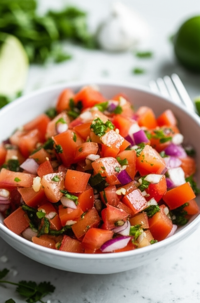Diced tomatoes, red onion, and cilantro in a white bowl. Fresh pico de gallo.