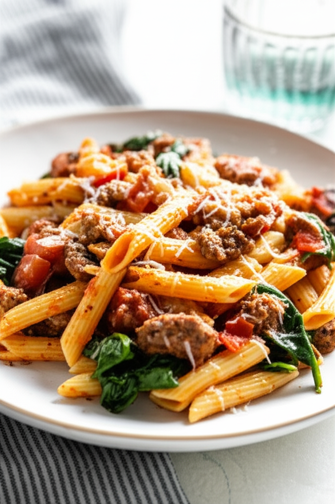 Penne pasta tossed with tomato sauce, spinach, sausage crumbles, and grated cheese on a white plate.