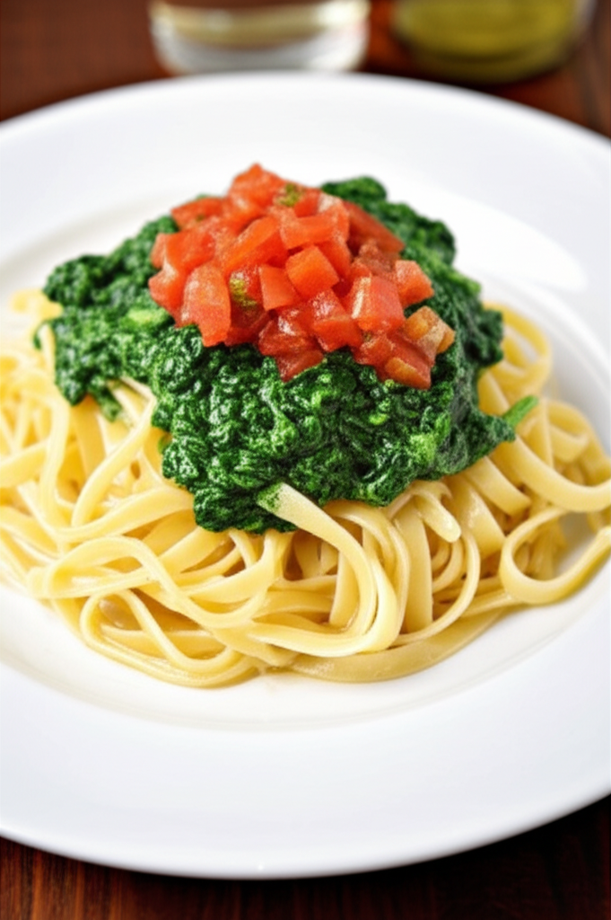 Pasta alla Elise: Linguine topped with sautéed spinach and diced tomatoes on a white plate.