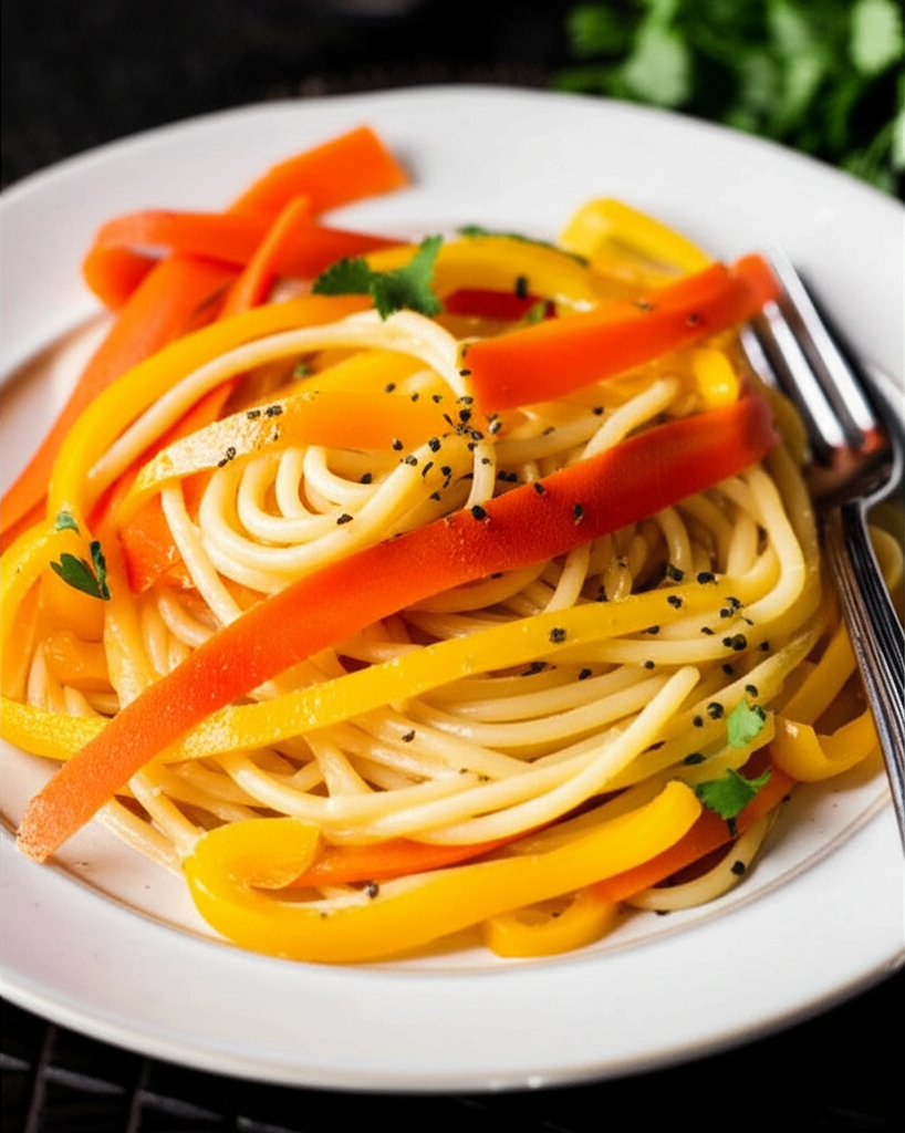 Linguine pasta with ribbons of orange and yellow carrots, sprinkled with black sesame seeds on a white plate.