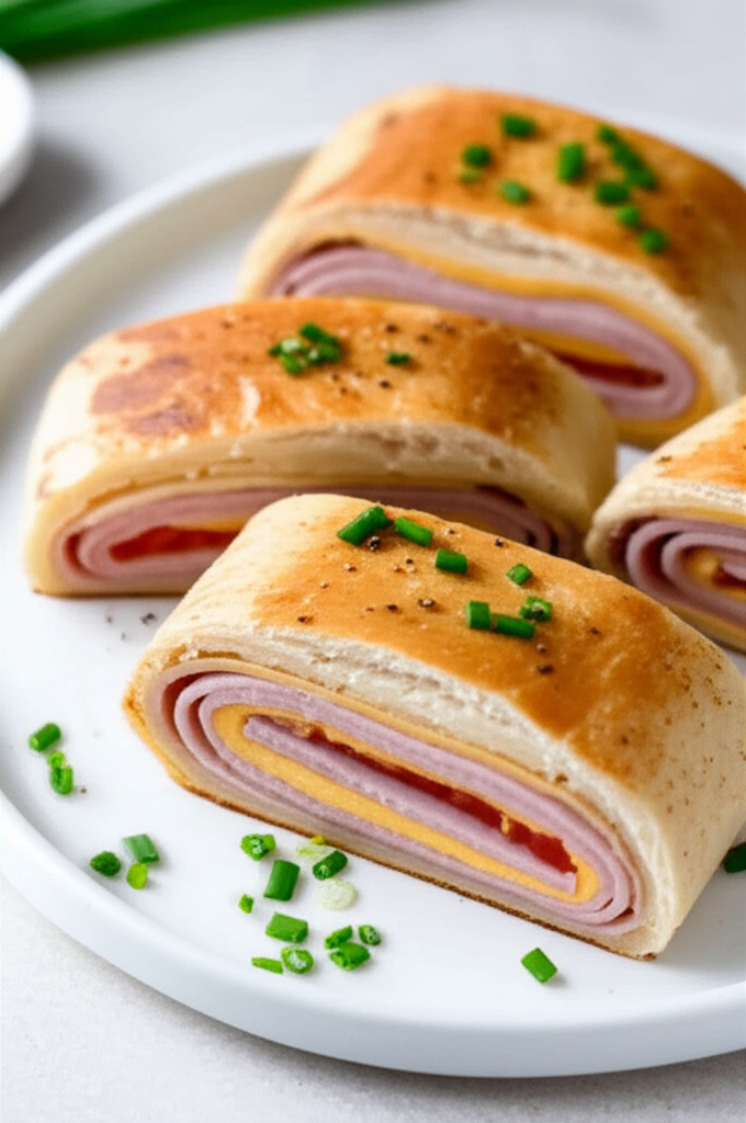 Sliced ham and cheese rolls in golden-brown flaky dough, garnished with chives on a white plate.