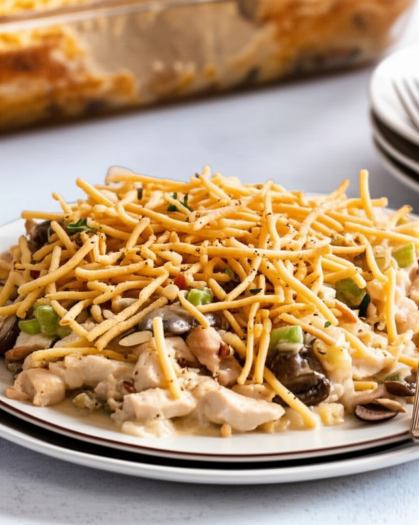 Creamy turkey casserole with mushrooms, celery, and crispy fried noodle topping, served on a white plate.