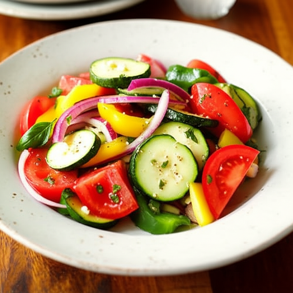 Marinated vegetable salad in white bowl: tomatoes, zucchini, bell peppers, red onion, and basil.