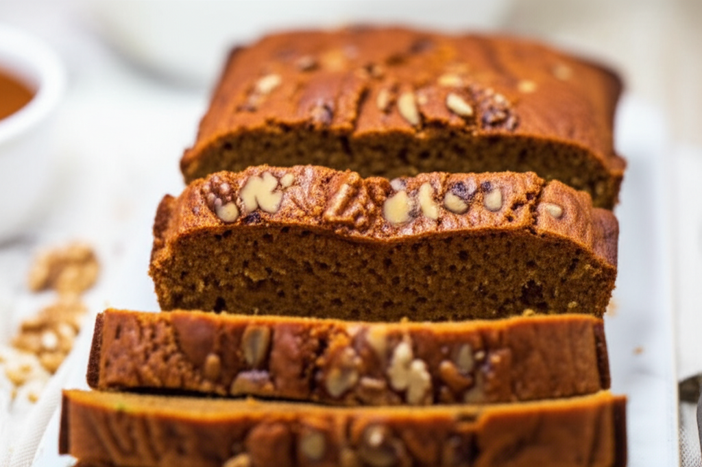 Sliced pumpkin bread loaf, topped with walnuts, showing moist texture.