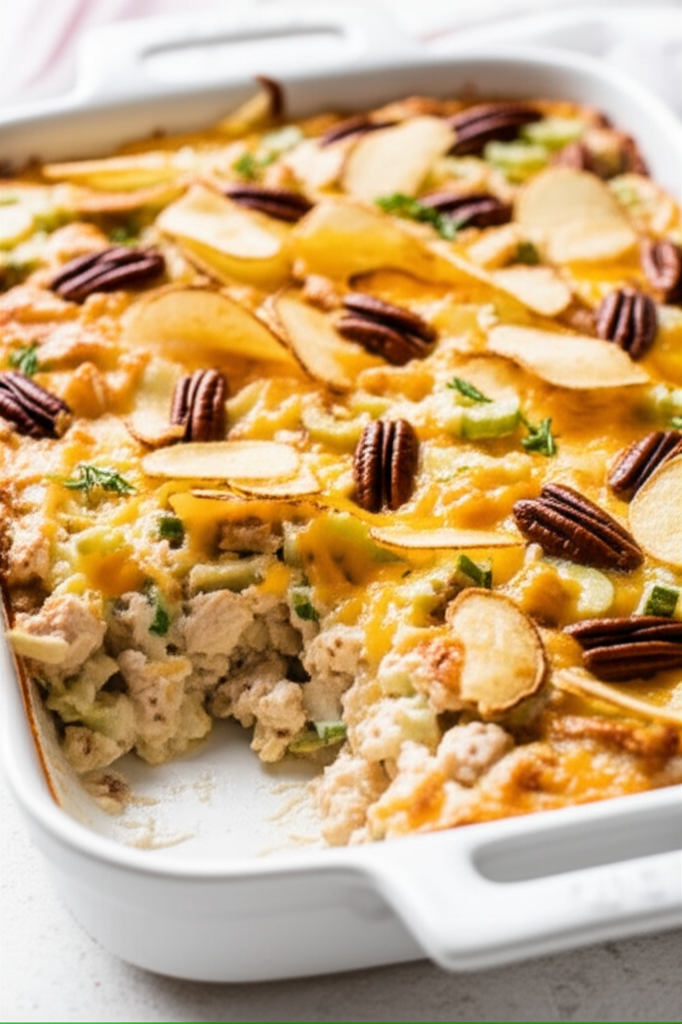 Baked hot chicken salad in white dish, topped with pecans and potato chips.