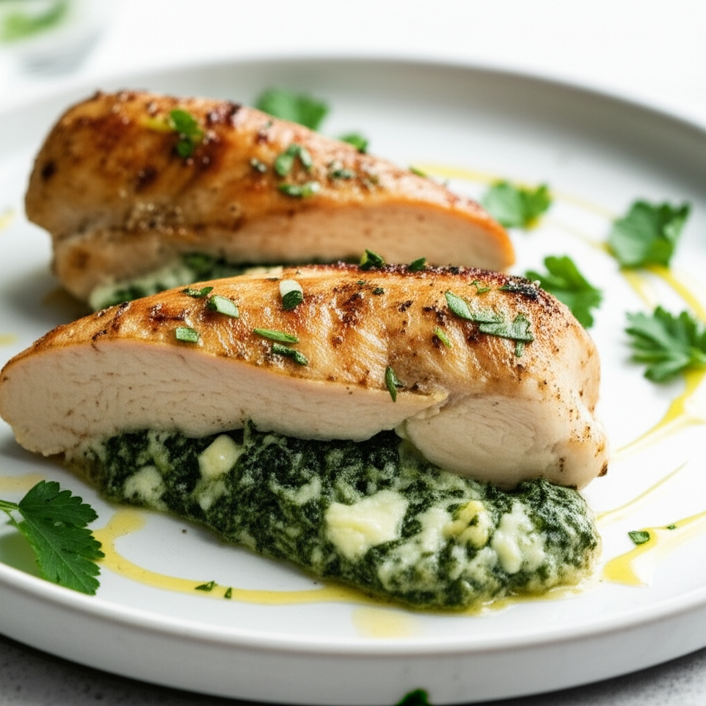 Seared chicken breast filled with spinach and gorgonzola, served on a white plate with parsley garnish.