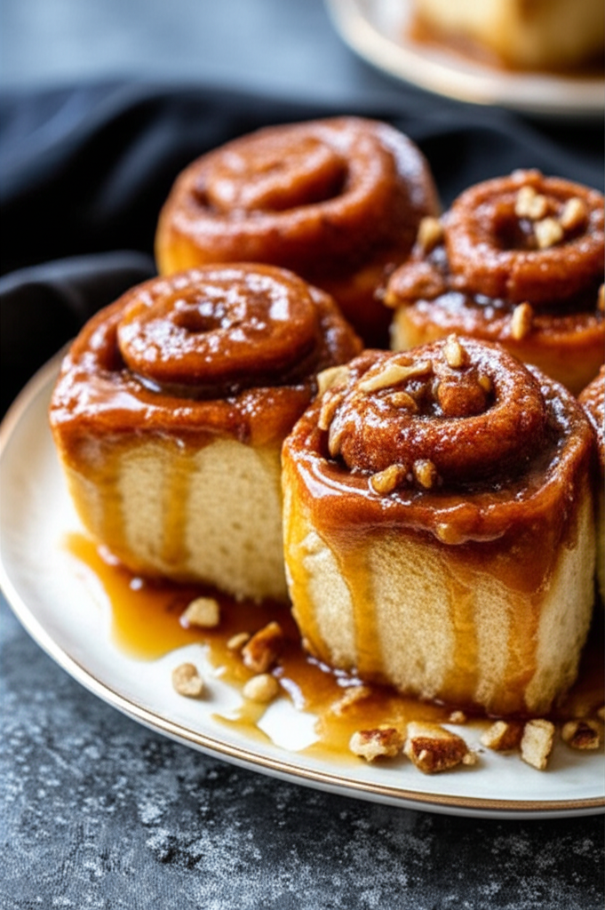 Caramel rolls on a plate, topped with nuts and dripping with caramel sauce.