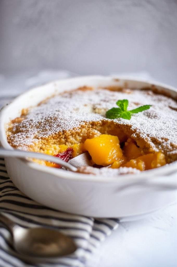 Baked peach cobbler in white dish, dusted with powdered sugar and garnished with mint.
