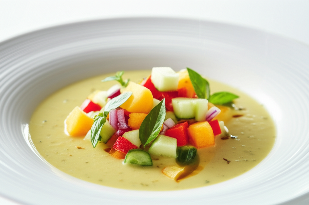 Chilled melon soup in white bowl, topped with diced melon, cucumber, red onion, and basil.