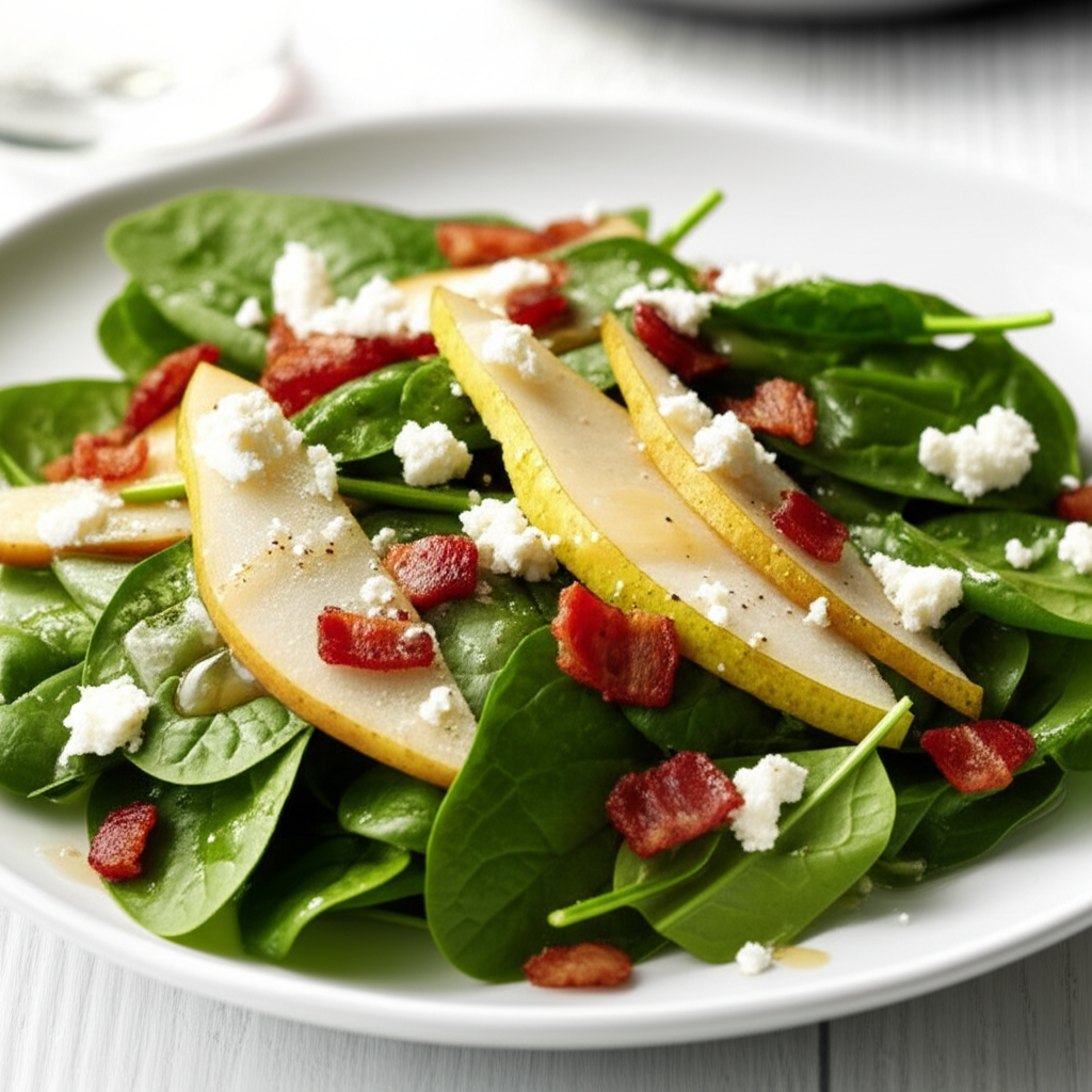 Spinach salad with sliced pears, crumbled cheese, and crispy pancetta on a white plate.