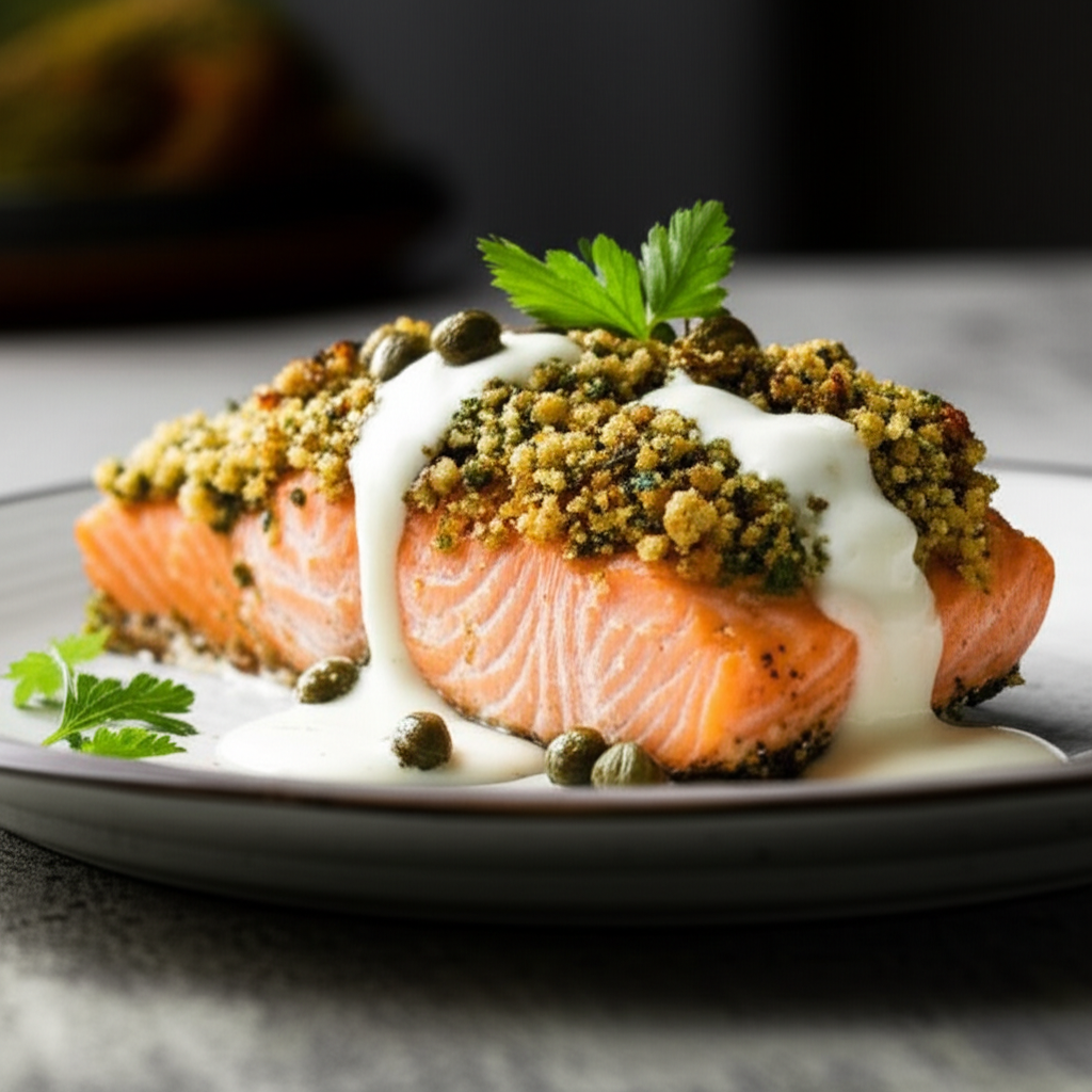 Roasted salmon topped with caper sauce and herb crust, garnished with parsley.