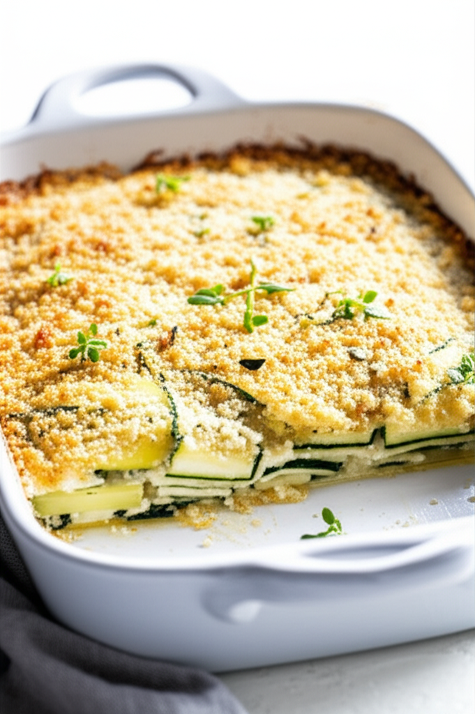 Baked zucchini casserole in white dish, topped with golden-brown breadcrumbs and thyme sprigs.