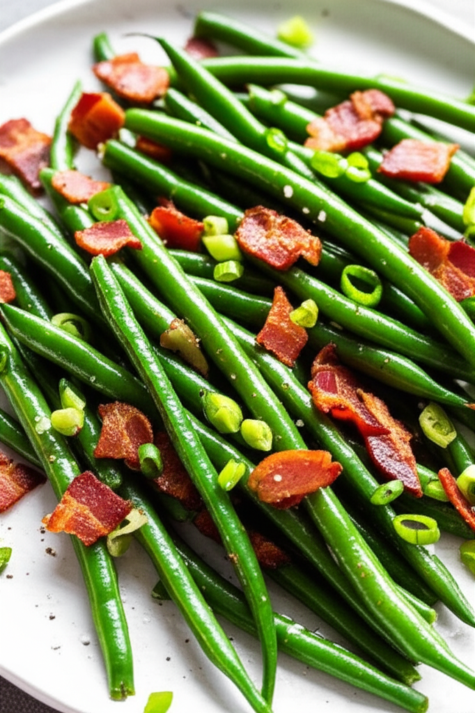 Sautéed green beans with crispy bacon pieces and sliced green onions on a white plate.