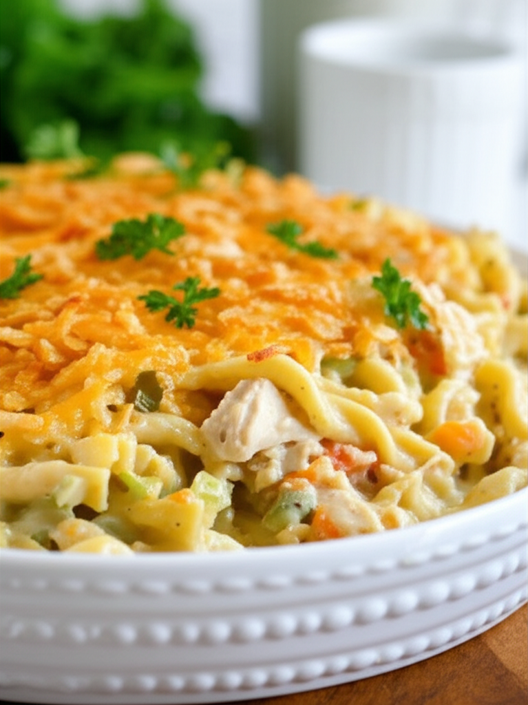 Creamy chicken noodle casserole in a white dish, topped with shredded cheddar cheese and parsley.