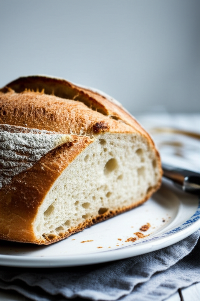 Sliced crusty bread with golden-brown crust and airy interior on a white plate.