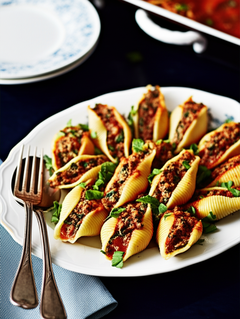 Stuffed pasta shells on a white platter, filled with meat sauce and garnished with fresh herbs.