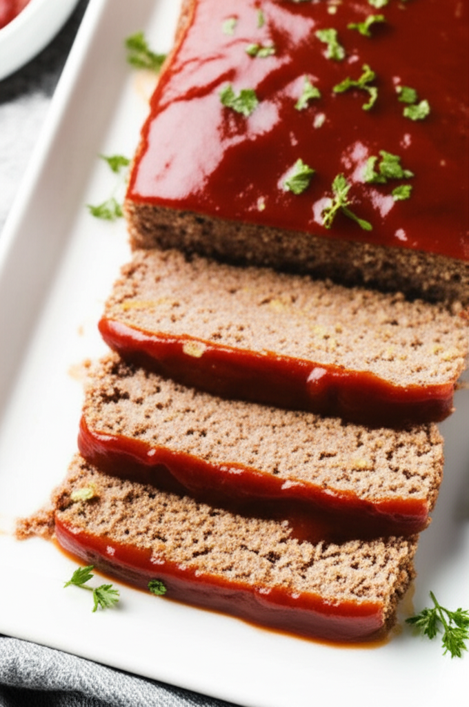 Sliced meatloaf with ketchup glaze and parsley garnish on a white serving platter.