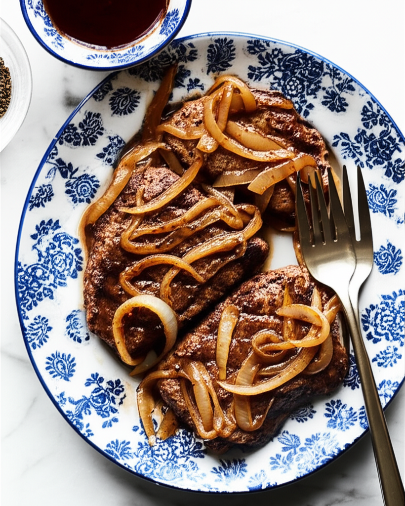 Pan-fried cube steaks smothered with caramelized onions on a blue and white patterned plate.