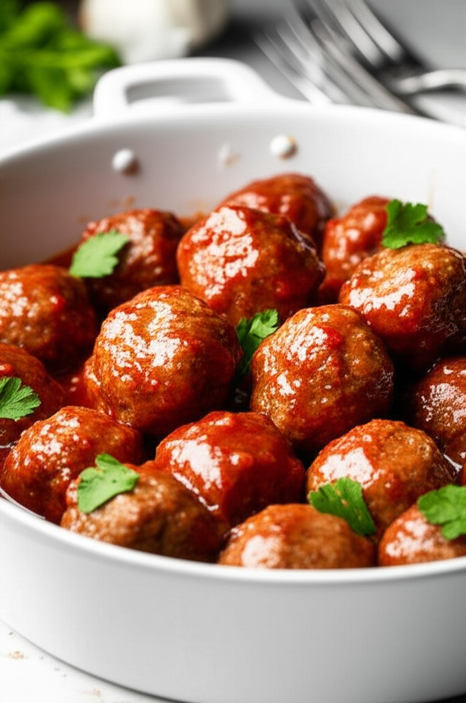 Meatballs in red sauce, garnished with parsley, served in a white dish.